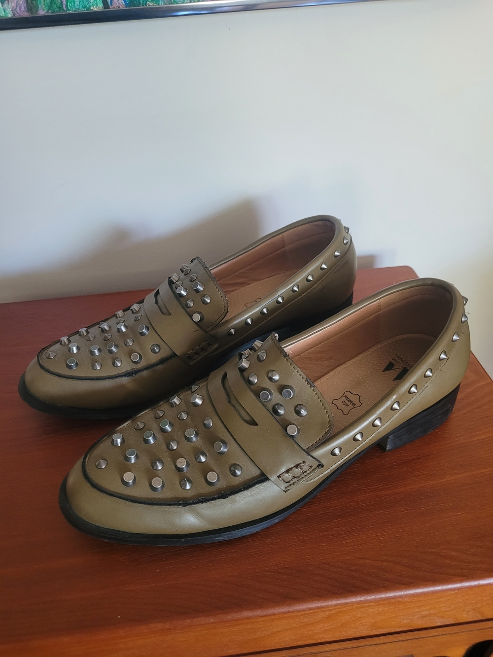 Olive Studded Leather Penny Loafers EU 40